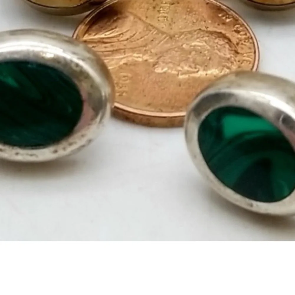 Taxco Sterling Silver Malachite Earrings 💚 Artisan Vintage Mexico
